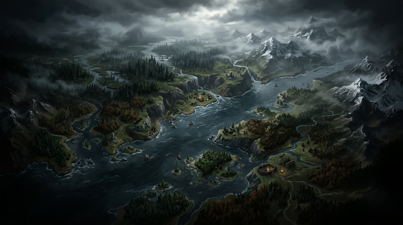 Atmospheric Valheim world — misty fjords and dark forests